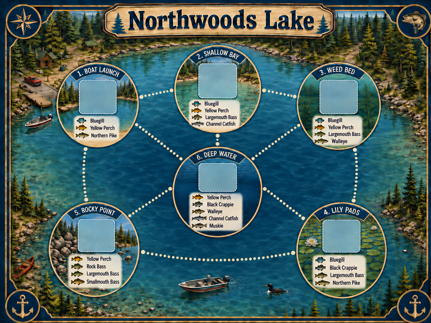 Northwoods Lake fishing game board